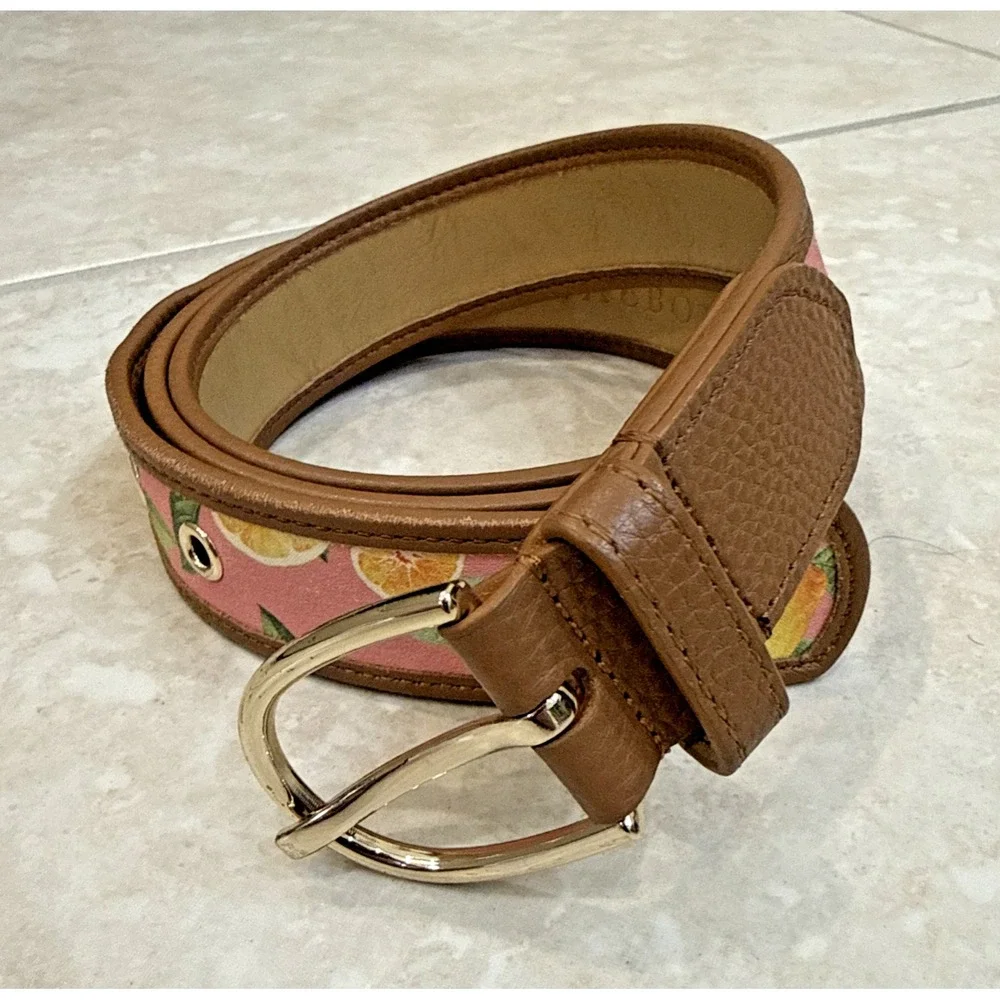 Talbots Pink Belt Orange Fruit Print Leather Trim Gold Tone Buckle Sz L Preppy